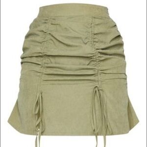 Khaki Faux Suede Double Ruched Detail Mini Skirt